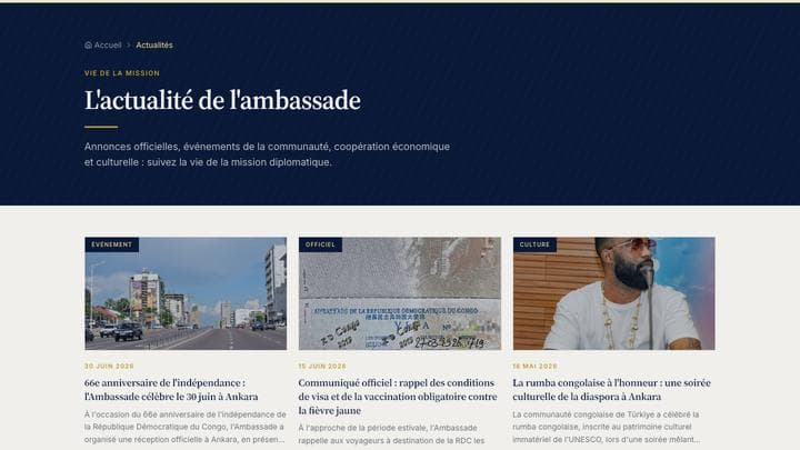 Page du site de l'Ambassade de la RDC en Türkiye, livrée par Eyla Booster.