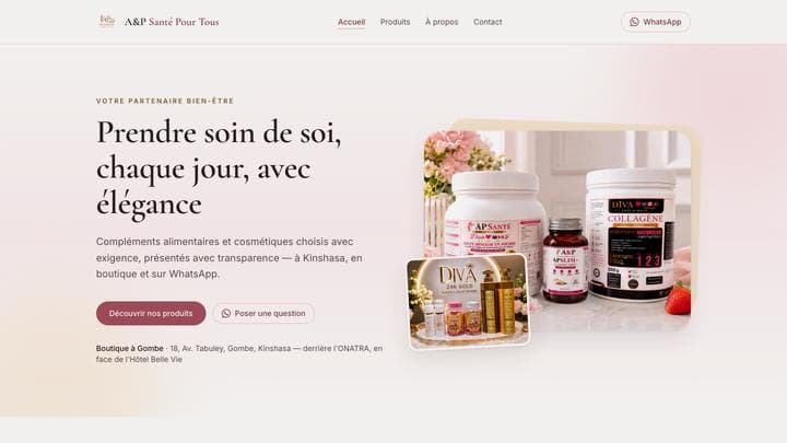 Page d'accueil de la boutique A&P Santé Pour Tous, livrée par Eyla Booster.